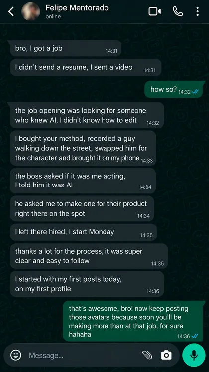 Conversa no WhatsApp com Felipe: conseguiu um trabalho mostrando um vídeo feito com o método em vez de um currículo
