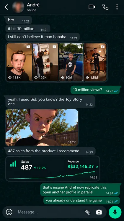 Conversa no WhatsApp com André: um vídeo passou de 10 milhões de visualizações, com 487 vendas e R$ 32.146,27 em receita